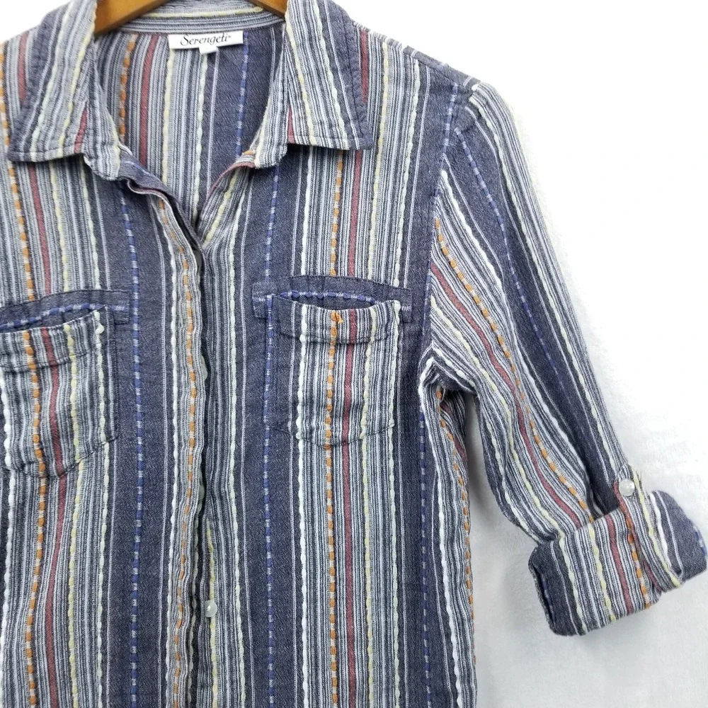 Serengeti Blouse Women M Blue‎ Striped Cotton Long Roll Sleeve Hippie Boho Slim